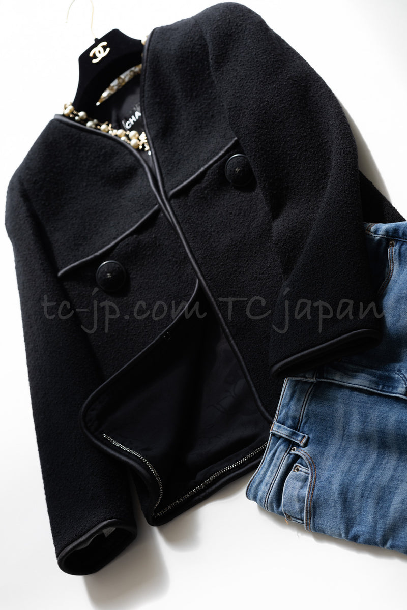 CHANEL 15B Black Wool Piping Collarless Jacket 34 36 38 シャネル ブラック ウール パイピング ノーカラー ジャケット 即発