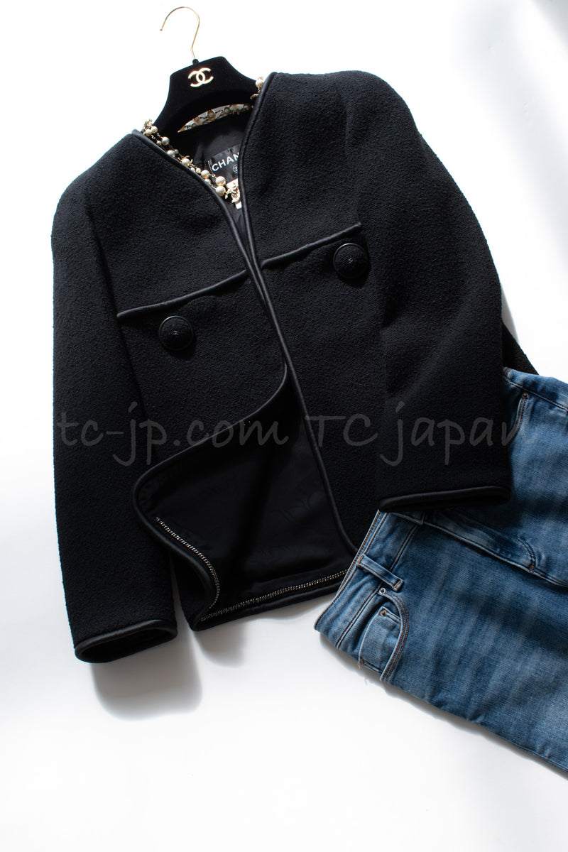 CHANEL 15B Black Wool Piping Collarless Jacket 34 36 38 シャネル ブラック ウール パイピング ノーカラー ジャケット 即発