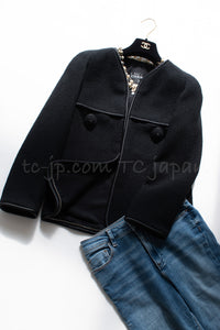 CHANEL 15B Black Wool Piping Collarless Jacket 34 36 38 シャネル ブラック ウール パイピング ノーカラー ジャケット 即発