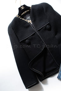 CHANEL 15B Black Wool Piping Collarless Jacket 34 36 38 シャネル ブラック ウール パイピング ノーカラー ジャケット 即発