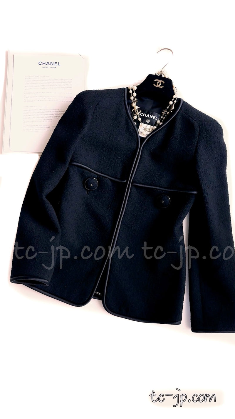 CHANEL 15B Black Wool Piping Collarless Jacket 34 36 38 シャネル ブラック ウール パイピング ノーカラー ジャケット 即発