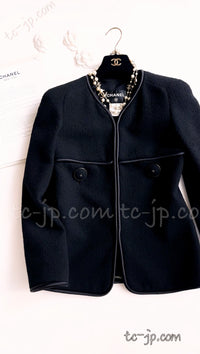 CHANEL 15B Black Wool Piping Collarless Jacket 34 36 38 シャネル ブラック ウール パイピング ノーカラー ジャケット 即発