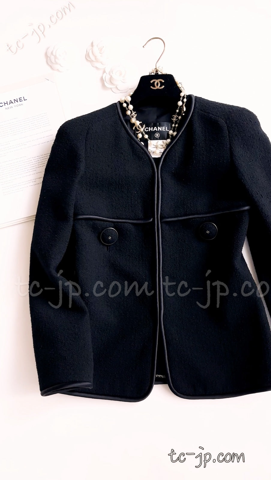 CHANEL 15B Black Wool Piping Collarless Jacket 34 36 38 シャネル ブラック ウール パイピング ノーカラー ジャケット 即発