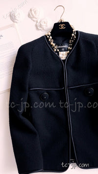 CHANEL 15B Black Wool Piping Collarless Jacket 34 36 38 シャネル ブラック ウール パイピング ノーカラー ジャケット 即発