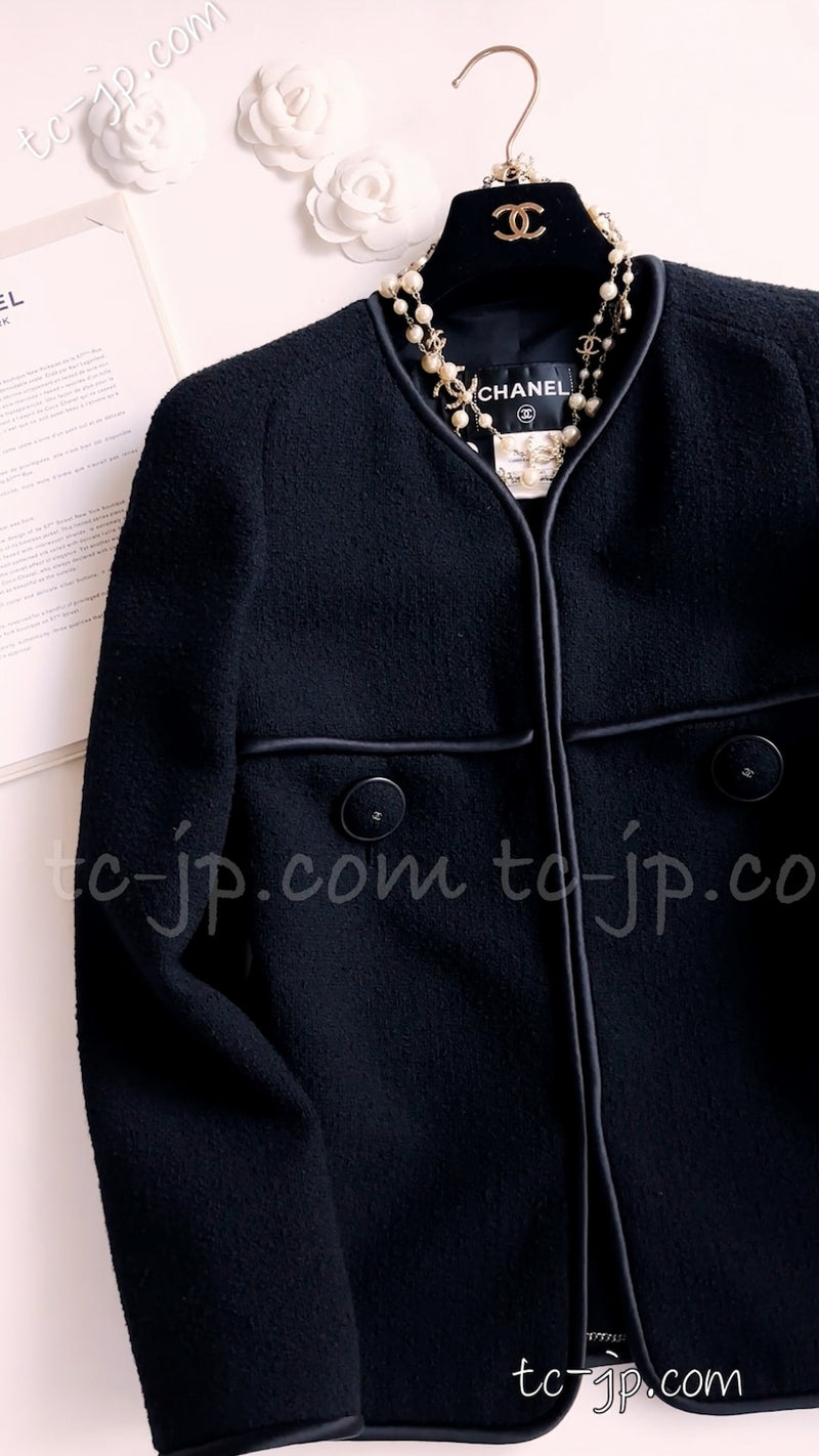 CHANEL 15B Black Wool Piping Collarless Jacket 34 36 38 シャネル ブラック ウール パイピング ノーカラー ジャケット 即発