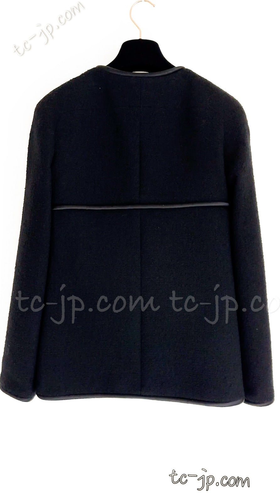 CHANEL 15B Black Wool Piping Collarless Jacket 34 36 38 シャネル ブラック ウール パイピング ノーカラー ジャケット 即発