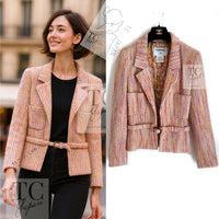 CHANEL 01A Orange Yellow Magenta Belt Jacket 34 36 シャネル オレンジ イエロー マルチ カラー ロゴ ベルト ツイード ジャケット 即発
