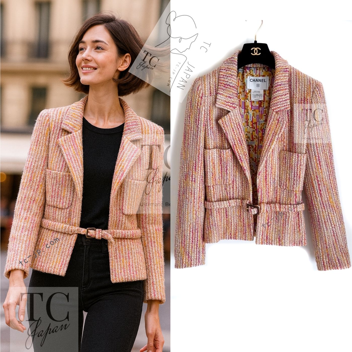 CHANEL 01A Orange Yellow Magenta Belt Jacket 34 36 シャネル オレンジ イエロー マルチ カラー ロゴ ベルト ツイード ジャケット 即発