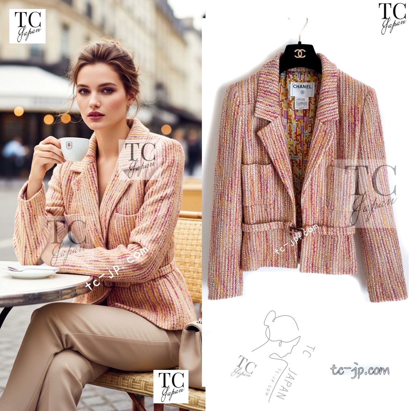 CHANEL 01A Orange Yellow Magenta Belt Jacket 34 36 シャネル オレンジ イエロー マルチ カラー ロゴ ベルト ツイード ジャケット 即発