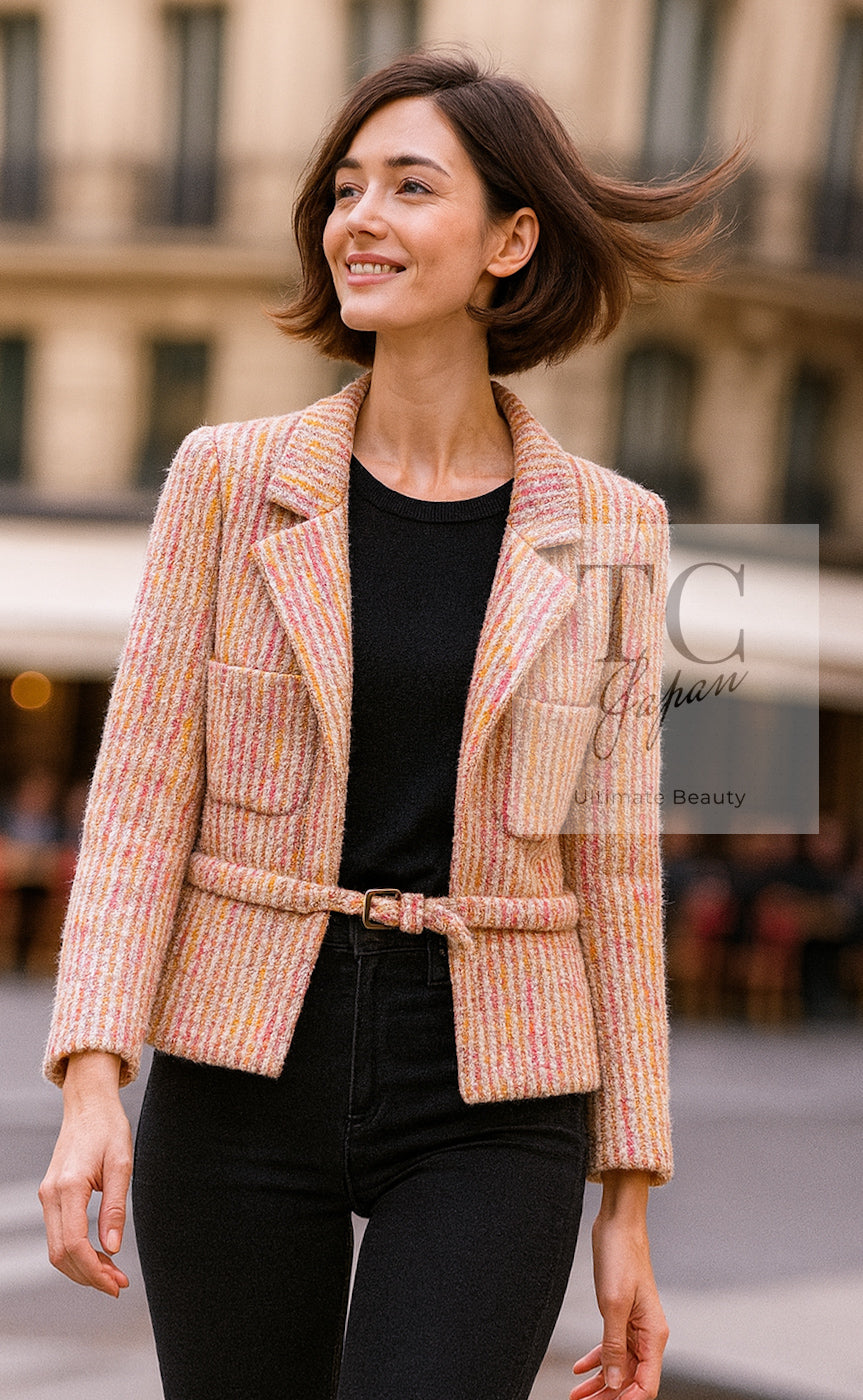 CHANEL 01A Orange Yellow Magenta Belt Jacket 34 36 シャネル オレンジ イエロー マルチ カラー ロゴ ベルト ツイード ジャケット 即発