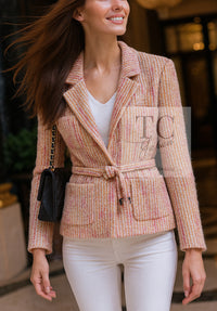 CHANEL 01A Orange Yellow Magenta Belt Jacket 34 36 シャネル オレンジ イエロー マルチ カラー ロゴ ベルト ツイード ジャケット 即発