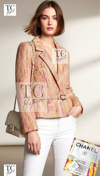 CHANEL 01A Orange Yellow Magenta Belt Jacket 34 36 シャネル オレンジ イエロー マルチ カラー ロゴ ベルト ツイード ジャケット 即発