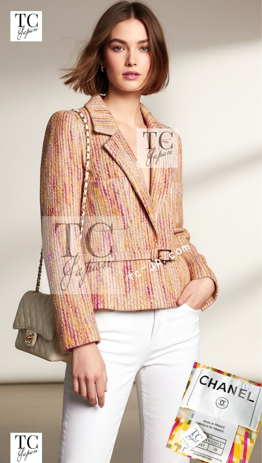 CHANEL 01A Orange Yellow Magenta Belt Jacket 34 36 シャネル オレンジ イエロー マルチ カラー ロゴ ベルト ツイード ジャケット 即発