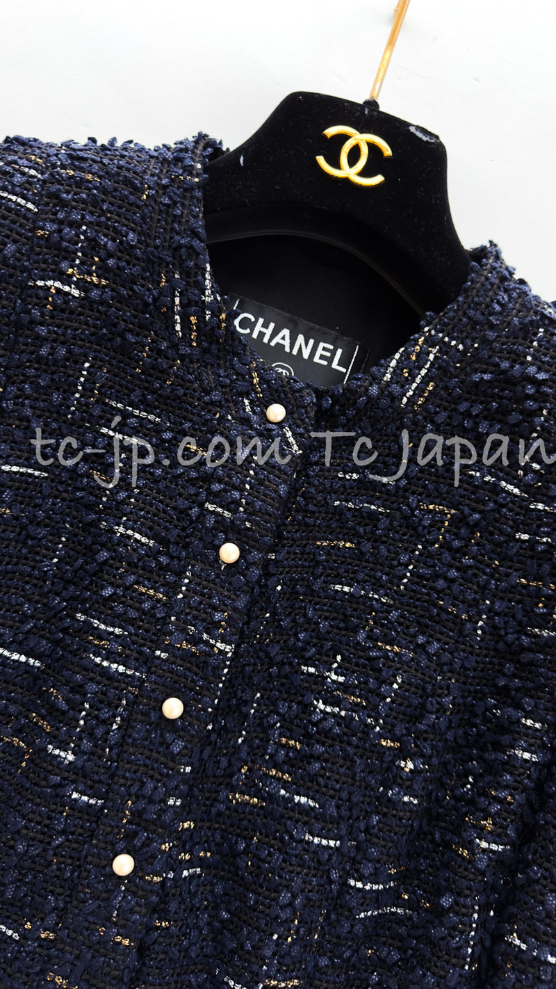 CHANEL 04S Black Navy Metallic Pearl Button Jacket 34 シャネル ブラック ネイビー メタリック パールボタン ジャケット 即発