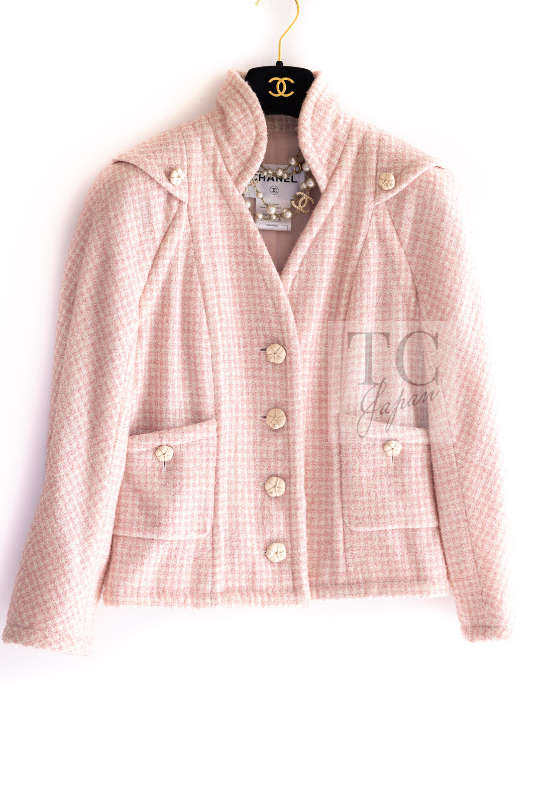 シャネル カメリアボタンピンク シャネル ジャケット CHANEL ピンク ウール アルパカ シルク スタンド