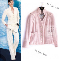 CHANEL 09C Pink Wool Silk Alpaca Silk Stand Collar Camellia Buttons Jacket 38 シャネル ピンク ウール アルパカ シルク スタンド カラー カメリア ボタン ジャケット 即発