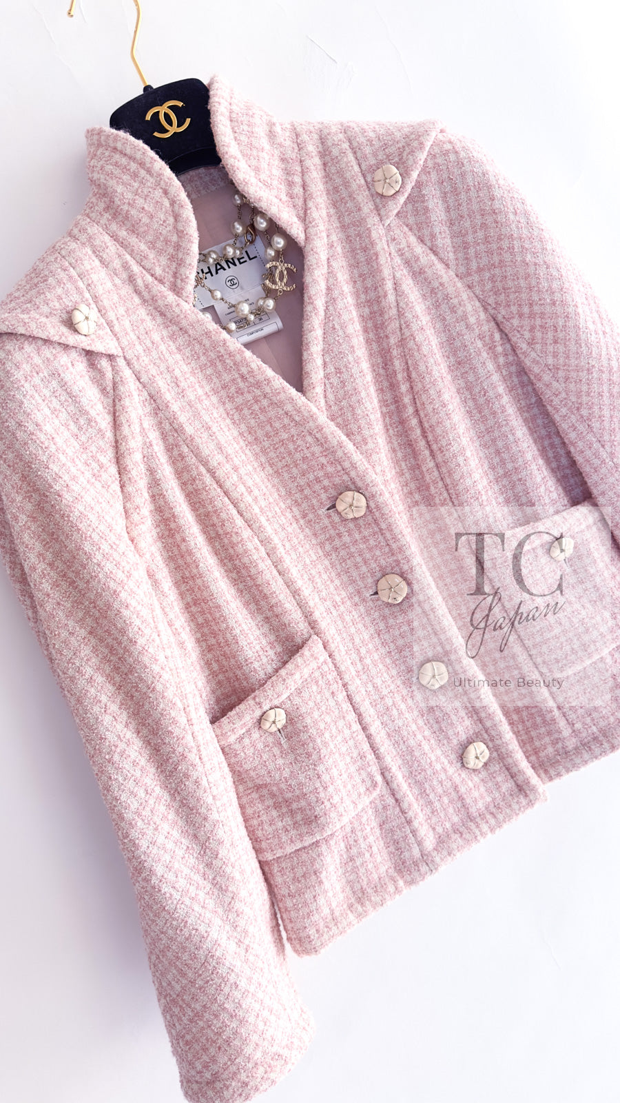 CHANEL 09C Pink Wool Silk Alpaca Silk Stand Collar Camellia Buttons Jacket 38 シャネル ピンク ウール アルパカ シルク スタンド カラー カメリア ボタン ジャケット 即発