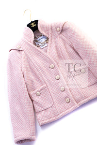 CHANEL 09C Pink Wool Silk Alpaca Silk Stand Collar Camellia Buttons Jacket 38 シャネル ピンク ウール アルパカ シルク スタンド カラー カメリア ボタン ジャケット 即発