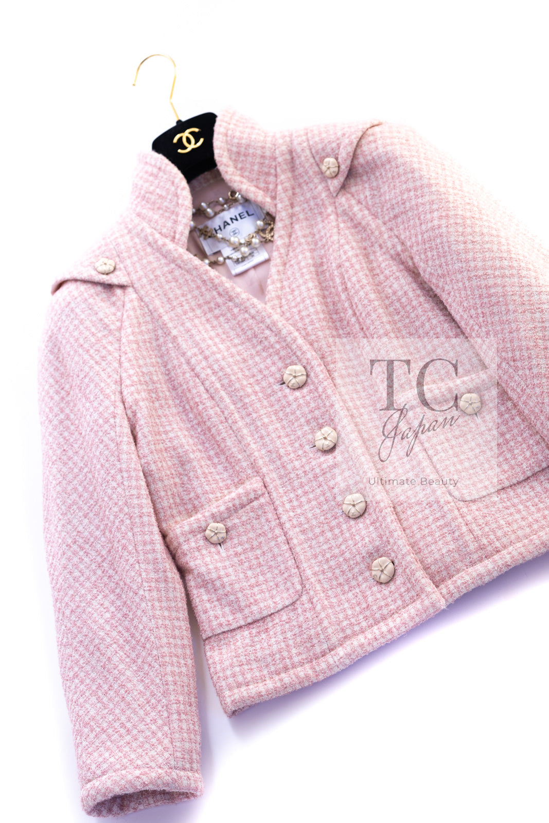 CHANEL 09C Pink Wool Silk Alpaca Silk Stand Collar Camellia Buttons Jacket 38 シャネル ピンク ウール アルパカ シルク スタンド カラー カメリア ボタン ジャケット 即発