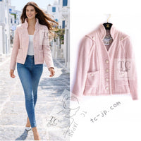 CHANEL 09C Pink Wool Silk Alpaca Silk Stand Collar Camellia Buttons Jacket 38 シャネル ピンク ウール アルパカ シルク スタンド カラー カメリア ボタン ジャケット 即発