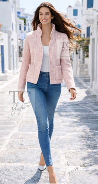 CHANEL 09C Pink Wool Silk Alpaca Silk Stand Collar Camellia Buttons Jacket 38 シャネル ピンク ウール アルパカ シルク スタンド カラー カメリア ボタン ジャケット 即発