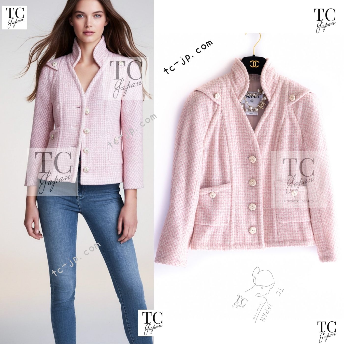 CHANEL 09C Pink Wool Silk Alpaca Silk Stand Collar Camellia Buttons Jacket 38 シャネル ピンク ウール アルパカ シルク スタンド カラー カメリア ボタン ジャケット 即発