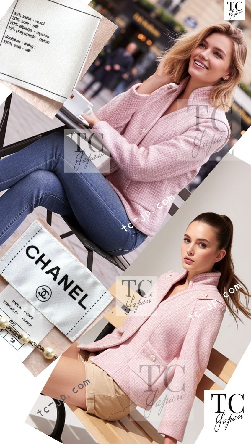 CHANEL 09C Pink Wool Silk Alpaca Silk Stand Collar Camellia Buttons Jacket 38 シャネル ピンク ウール アルパカ シルク スタンド カラー カメリア ボタン ジャケット 即発