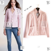 CHANEL 09C Pink Wool Silk Alpaca Silk Stand Collar Camellia Buttons Jacket 38 シャネル ピンク ウール アルパカ シルク スタンド カラー カメリア ボタン ジャケット 即発