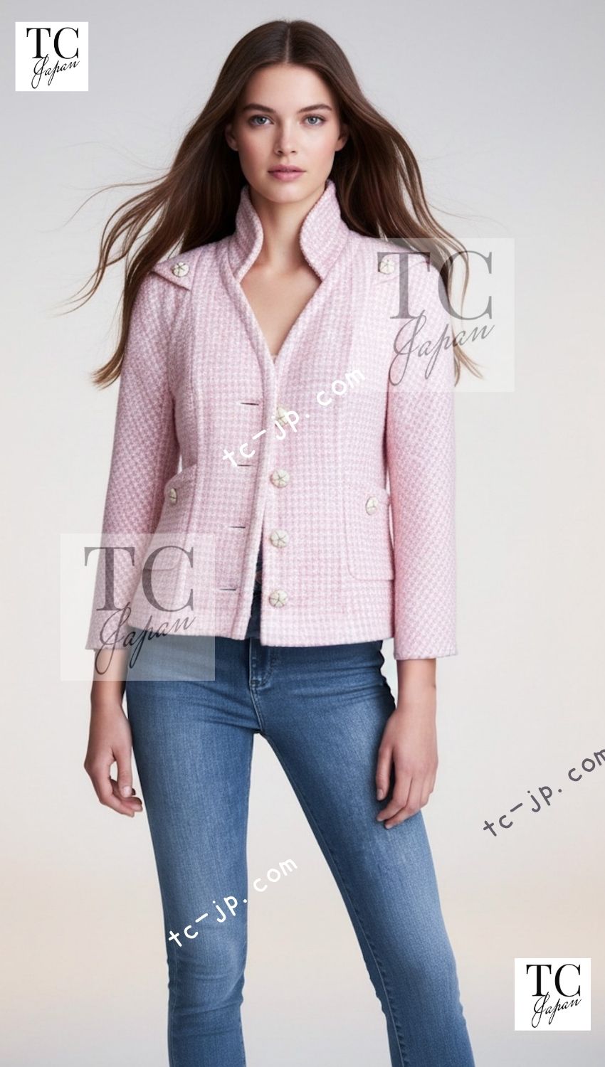 CHANEL 09C Pink Wool Silk Alpaca Silk Stand Collar Camellia Buttons Jacket 38 シャネル ピンク ウール アルパカ シルク スタンド カラー カメリア ボタン ジャケット 即発