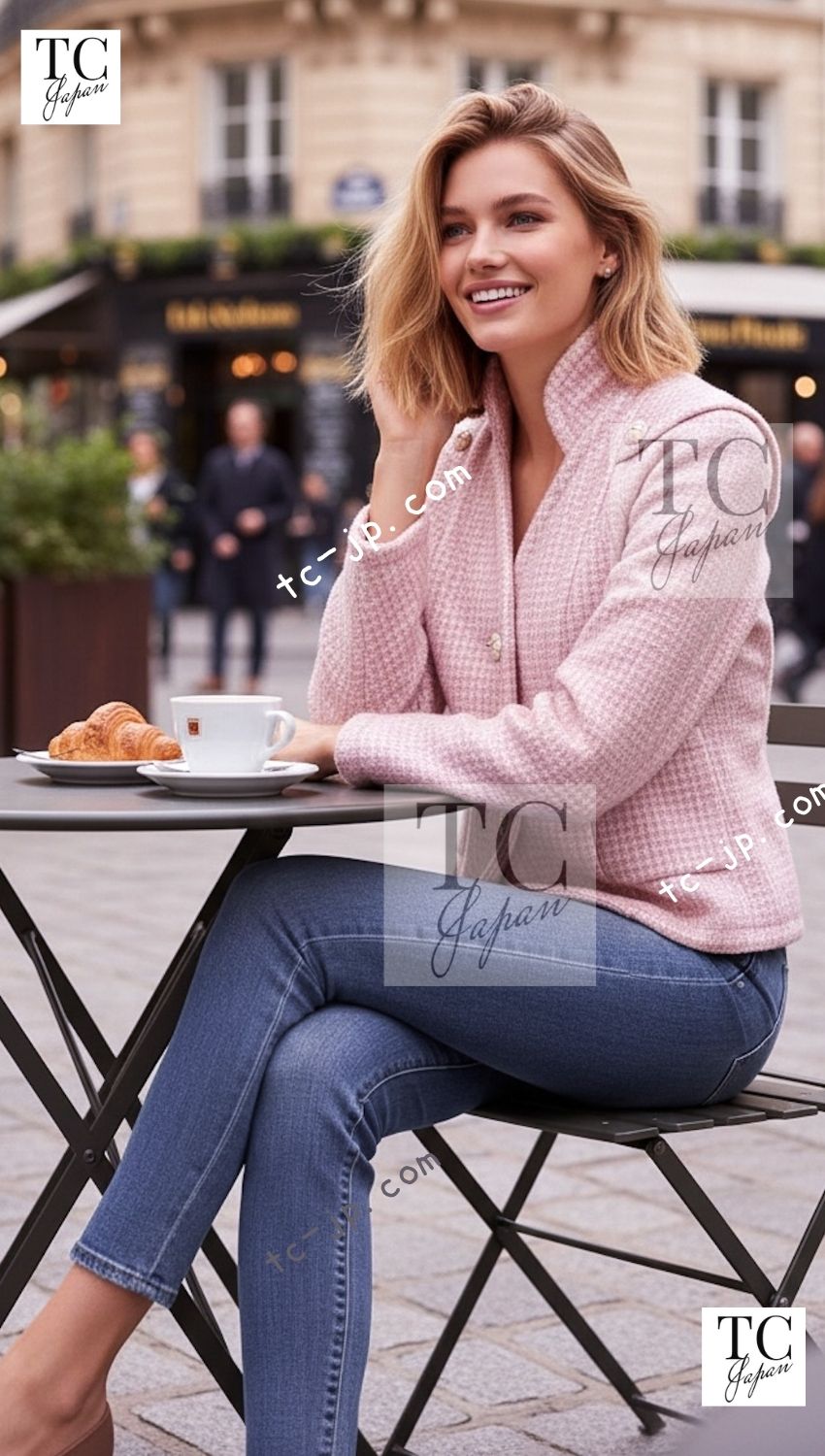 CHANEL 09C Pink Wool Silk Alpaca Silk Stand Collar Camellia Buttons Jacket 38 シャネル ピンク ウール アルパカ シルク スタンド カラー カメリア ボタン ジャケット 即発