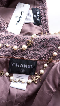 CHANEL 14B Lavender Moss Pink Mohair Poodle Tweed Cropped Jacket Skirt Suit 40 シャネル ラベンダー  モス ピンク モヘア コットン プードル ツイード クロップド ジャケット スカート スーツ 即発