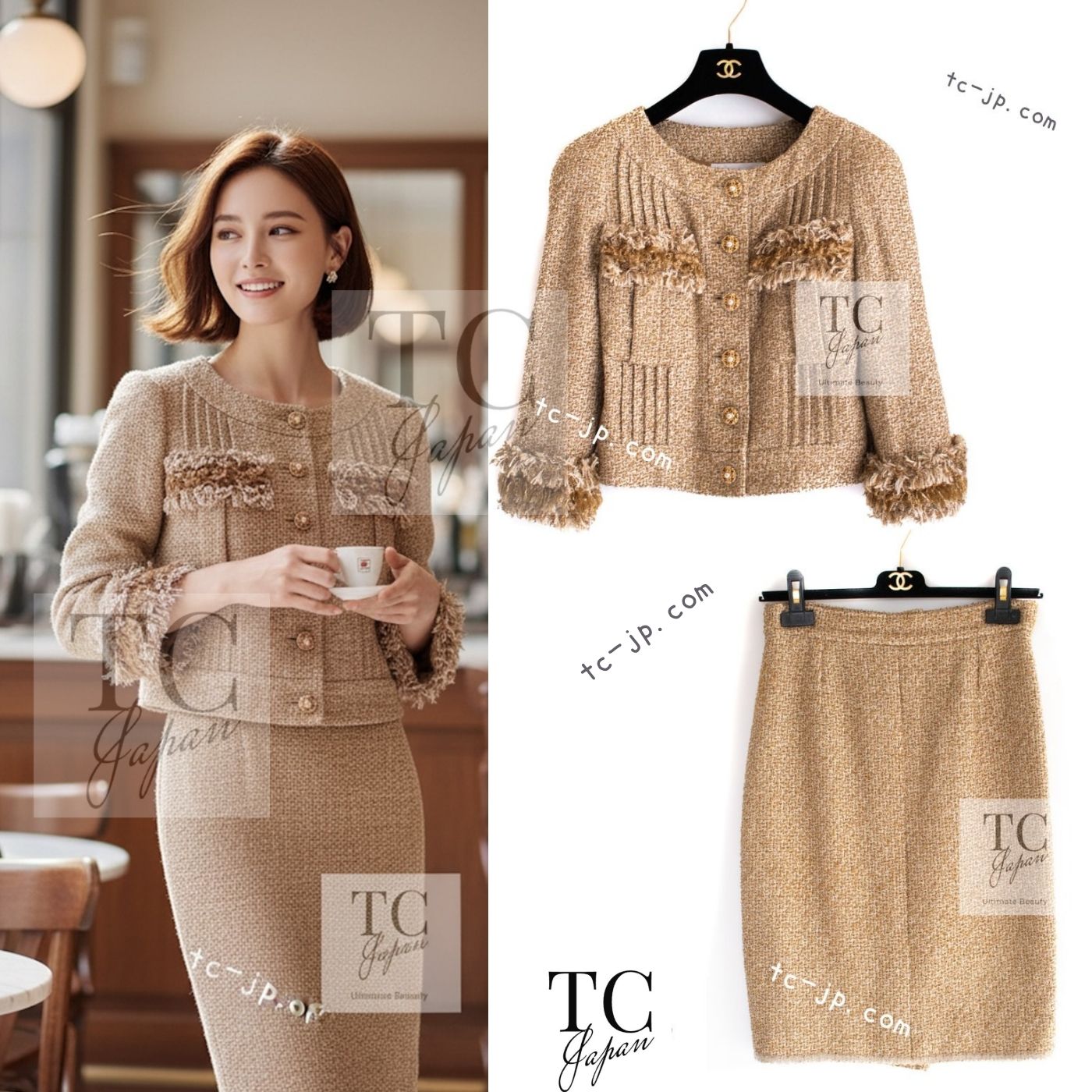 CHANEL 13C Gold Silk Fringe Collarless Tweed Jacket Skirt Suit 38 シャネル ゴールド シルク フリンジ ノーカラー ツイード ジャケット スカート スーツ 即発