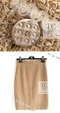 CHANEL 13C Gold Silk Fringe Collarless Tweed Jacket Skirt Suit 38 シャネル ゴールド シルク フリンジ ノーカラー ツイード ジャケット スカート スーツ 即発