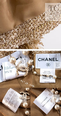 CHANEL 13C Gold Silk Fringe Collarless Tweed Jacket Skirt Suit 38 シャネル ゴールド シルク フリンジ ノーカラー ツイード ジャケット スカート スーツ 即発