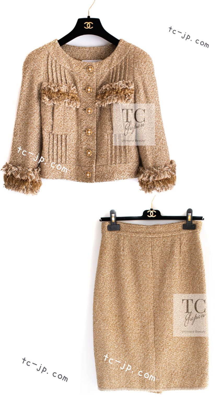 CHANEL 13C Gold Silk Fringe Collarless Tweed Jacket Skirt Suit 38 シャネル ゴールド シルク フリンジ ノーカラー ツイード ジャケット スカート スーツ 即発