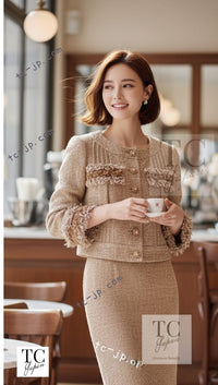 CHANEL 13C Gold Silk Fringe Collarless Tweed Jacket 34 シャネル ゴールド シルク フリンジ ノーカラー ツイード ジャケット 即発