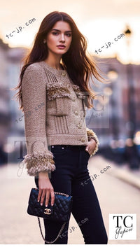 CHANEL 13C Gold Silk Fringe Collarless Tweed Jacket 34 シャネル ゴールド シルク フリンジ ノーカラー ツイード ジャケット 即発