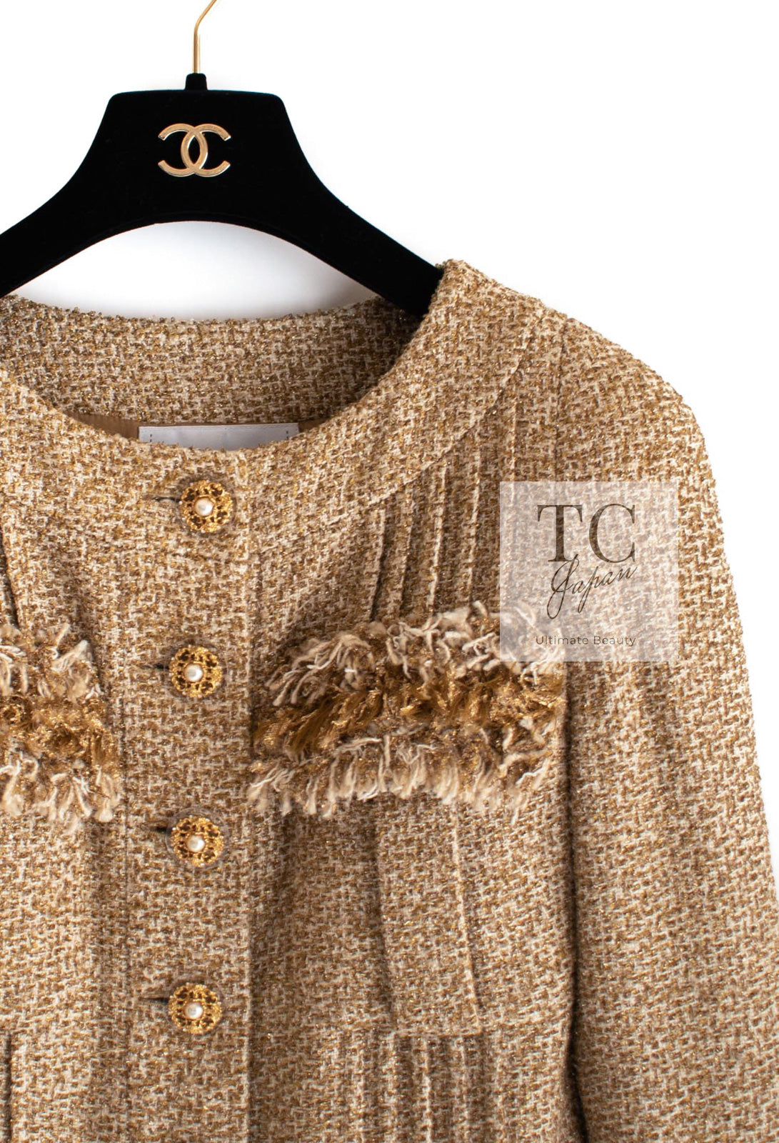 CHANEL 13C Gold Silk Fringe Collarless Tweed Jacket Skirt Suit 38 シャネル ゴールド シルク フリンジ ノーカラー ツイード ジャケット スカート スーツ 即発