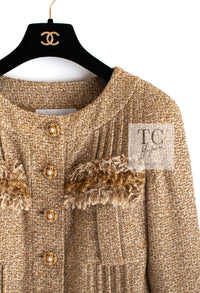 CHANEL 13C Gold Creme Silk Fringe Collarless Tweed Jacket Skirt Suit 34 36 4