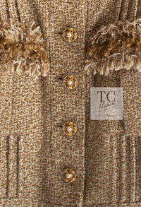 CHANEL 13C Gold Creme Silk Fringe Collarless Tweed Jacket Skirt Suit 34 36 17