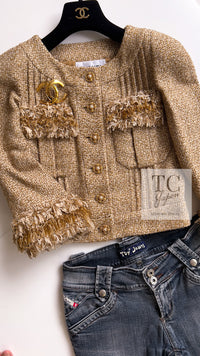 CHANEL 13C Gold Creme Silk Fringe Collarless Tweed Jacket Skirt Suit 34 36 2