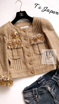 CHANEL 13C Gold Silk Fringe Collarless Tweed Jacket Skirt Suit 38 シャネル ゴールド シルク フリンジ ノーカラー ツイード ジャケット スカート スーツ 即発