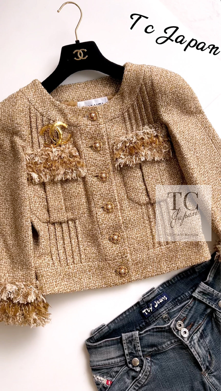 CHANEL 13C Gold Silk Fringe Collarless Tweed Jacket Skirt Suit 38 シャネル ゴールド シルク フリンジ ノーカラー ツイード ジャケット スカート スーツ 即発