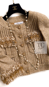 CHANEL 13C Gold Creme Silk Fringe Collarless Tweed Jacket Skirt Suit 34 36 14