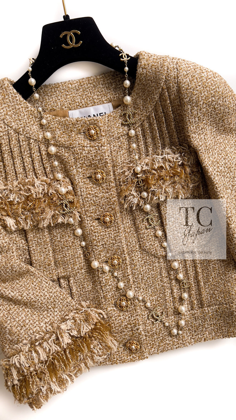CHANEL 13C Gold Creme Silk Fringe Collarless Tweed Jacket Skirt Suit 34 36 14