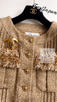 CHANEL 13C Gold Creme Silk Fringe Collarless Tweed Jacket Skirt Suit 34 36 15