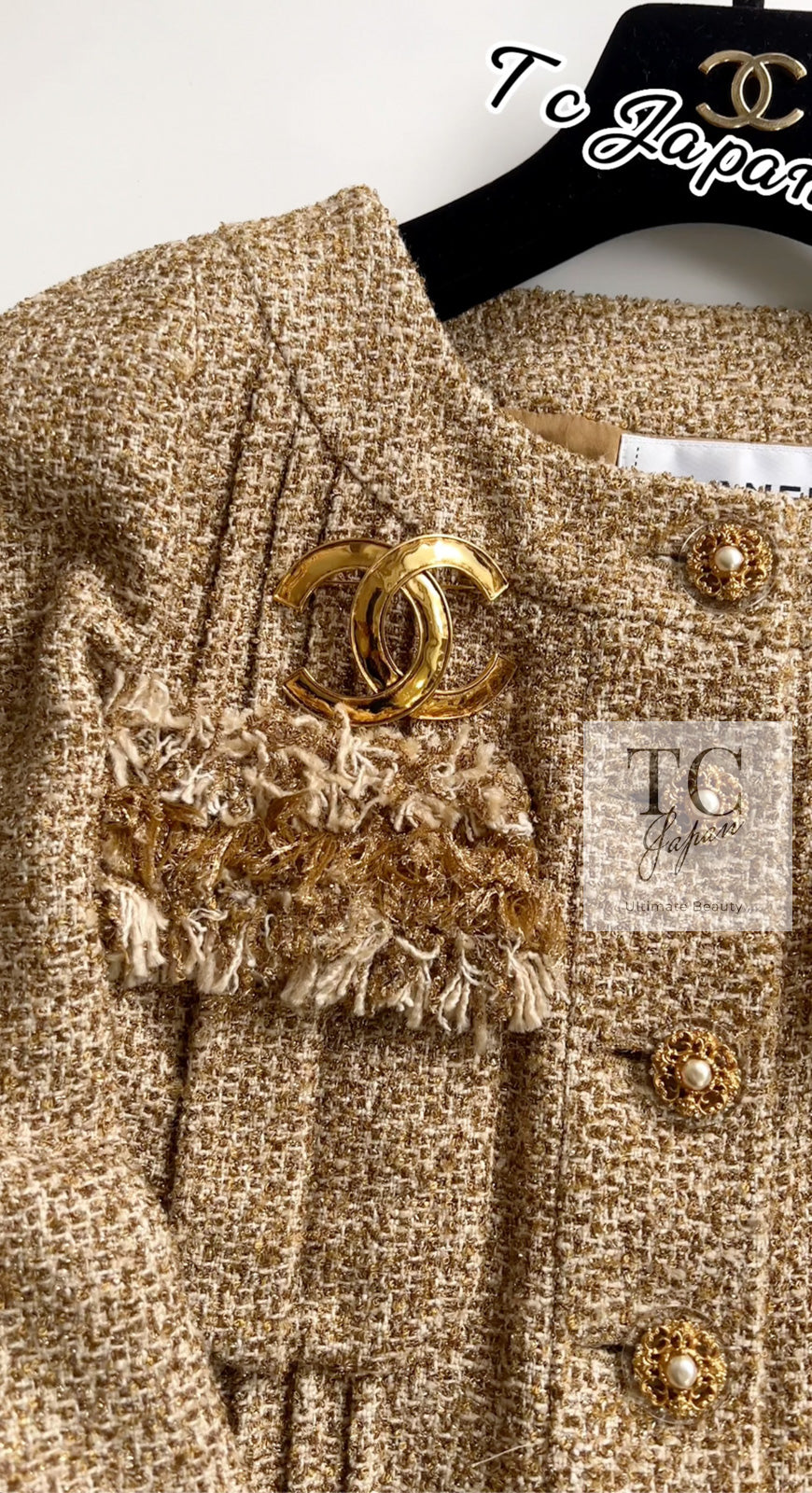 CHANEL 13C Gold Creme Silk Fringe Collarless Tweed Jacket Skirt Suit 34 36 16