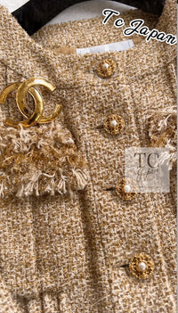 CHANEL 13C Gold Silk Fringe Collarless Tweed Jacket Skirt Suit 38 シャネル ゴールド シルク フリンジ ノーカラー ツイード ジャケット スカート スーツ 即発