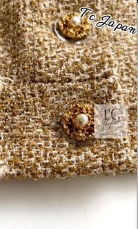 CHANEL 13C Gold Silk Fringe Collarless Tweed Jacket Skirt Suit 38 シャネル ゴールド シルク フリンジ ノーカラー ツイード ジャケット スカート スーツ 即発