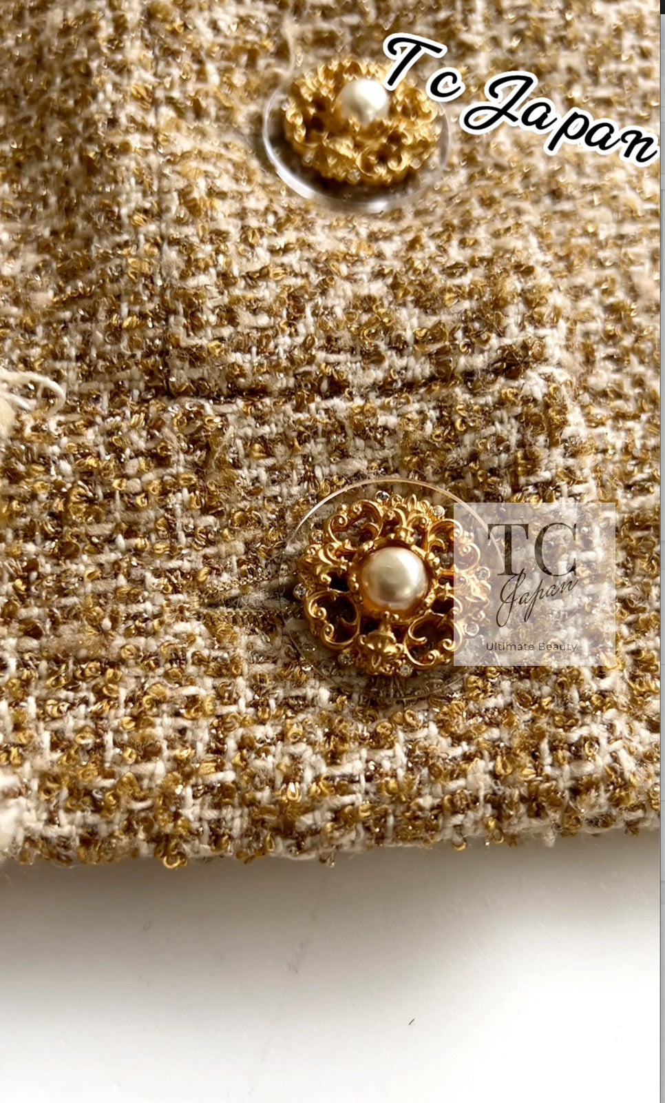 CHANEL 13C Gold Creme Silk Fringe Collarless Tweed Jacket Skirt Suit 34 36 19